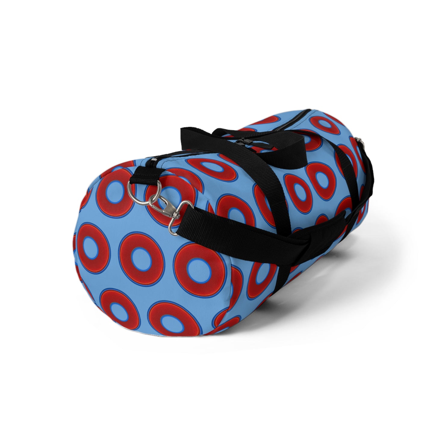Lumpy Duffel - vivid red donuts w/light blue background