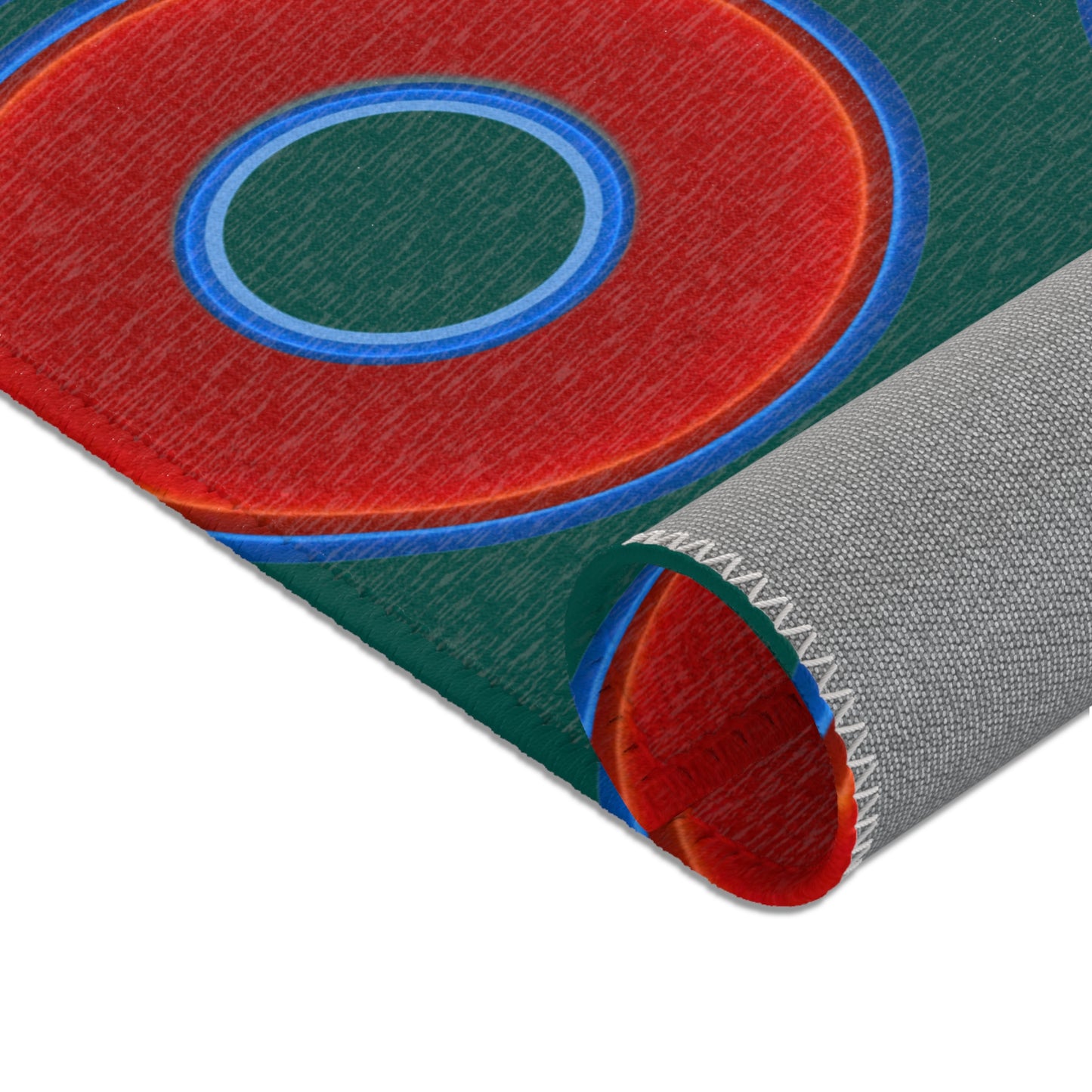 Lumpy Donut Print Rug - choice of 3 sizes - vivid red donut print w/dark Fenway green background