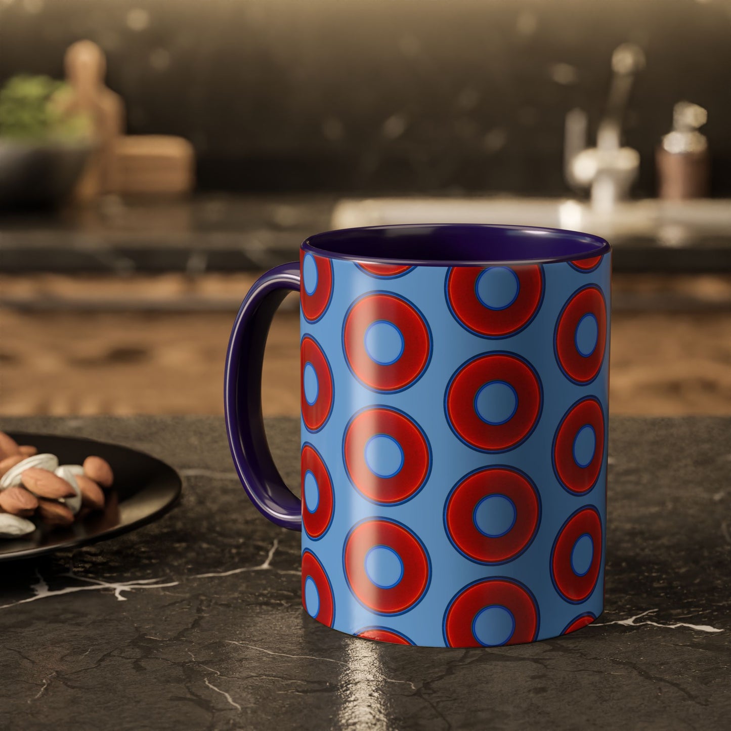 Lump's Grumpy Coffee Mug - vivid red donuts w/light blue background