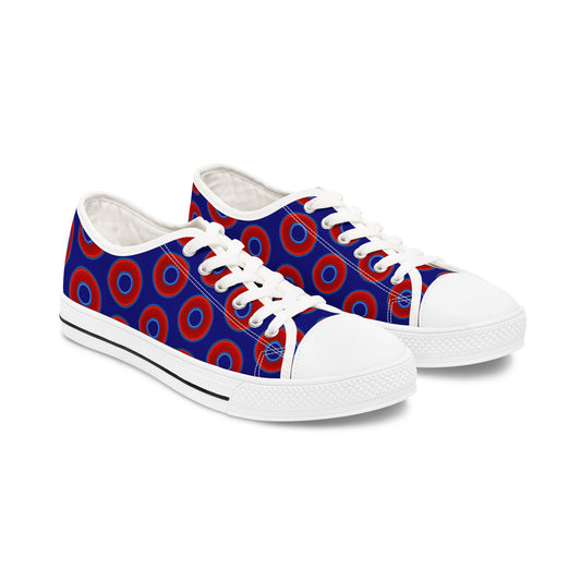 Women's - Low Top Chuck Taylors - large vivid red donut print w/vivid navy blue background