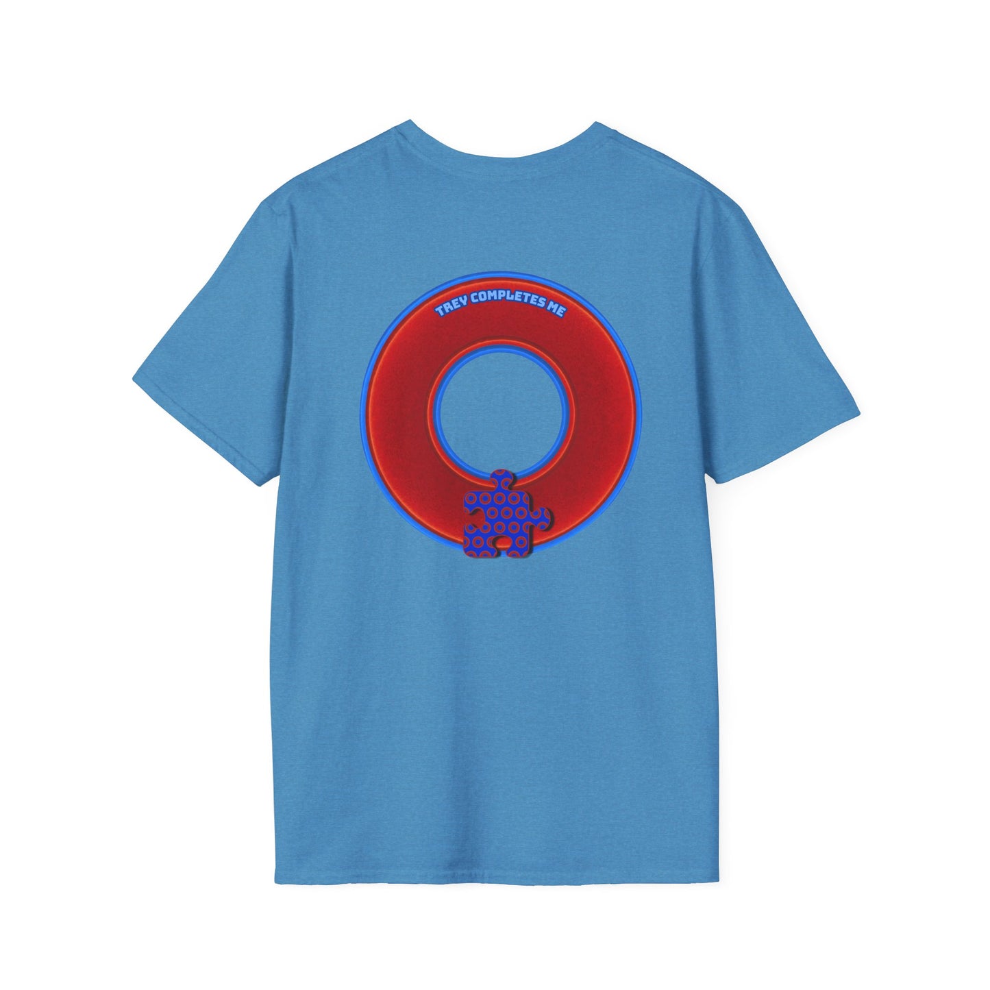 Classic Donut Tee - Unisex Soft-Style - "Trey's Completed Donut" - vivid red/blue donut