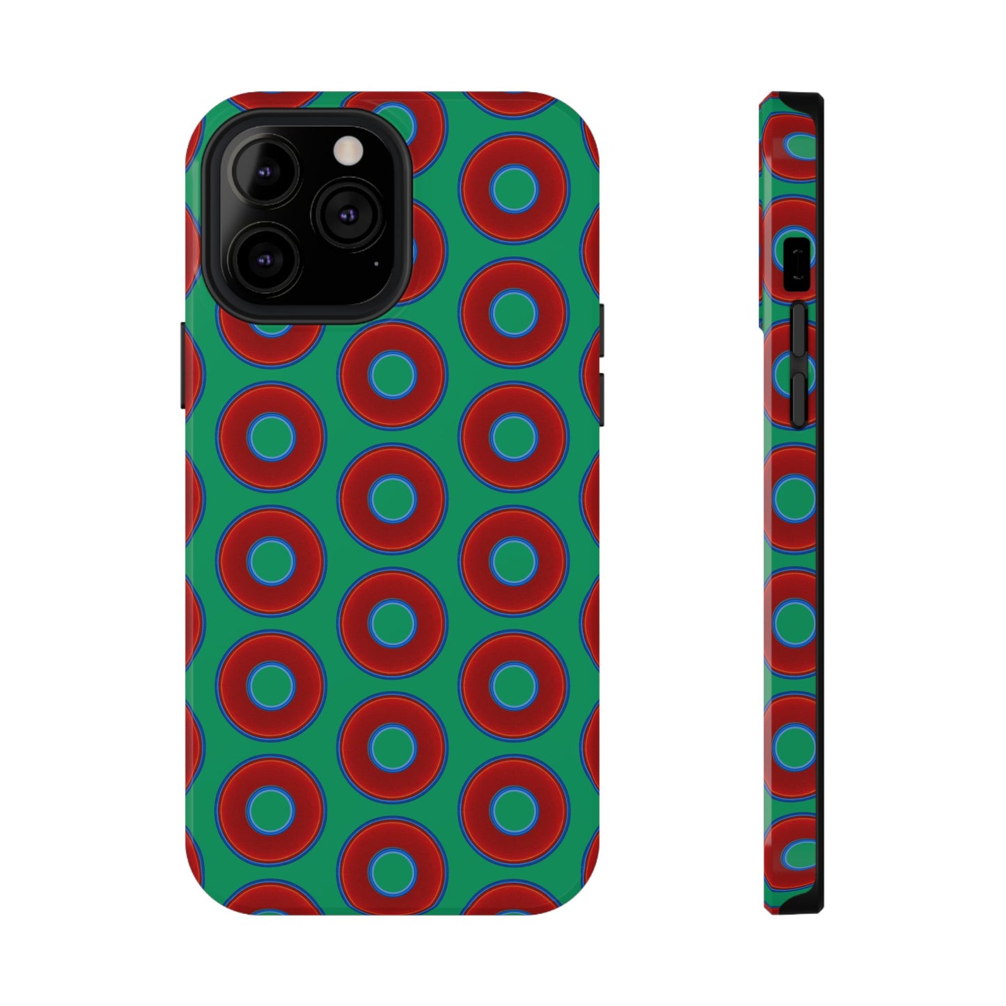 Impact-Resistant Lumpy Donut Case - red vivid donut print w/jade green background