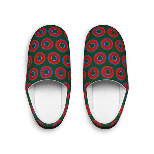 Men's Lumpy Slippers - red vivid donut print w/deep pond green background