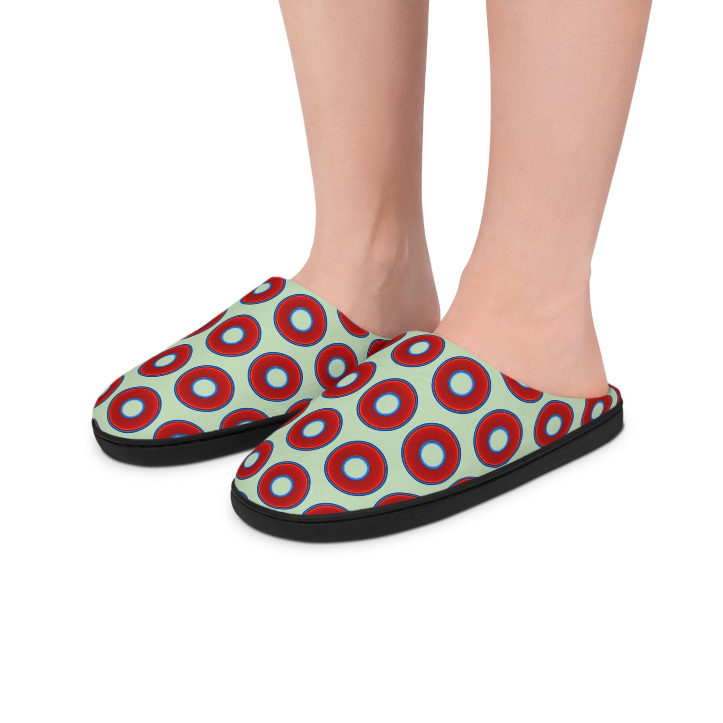 Men's Lumpy Slippers - red vivid donut print w/seafoam background