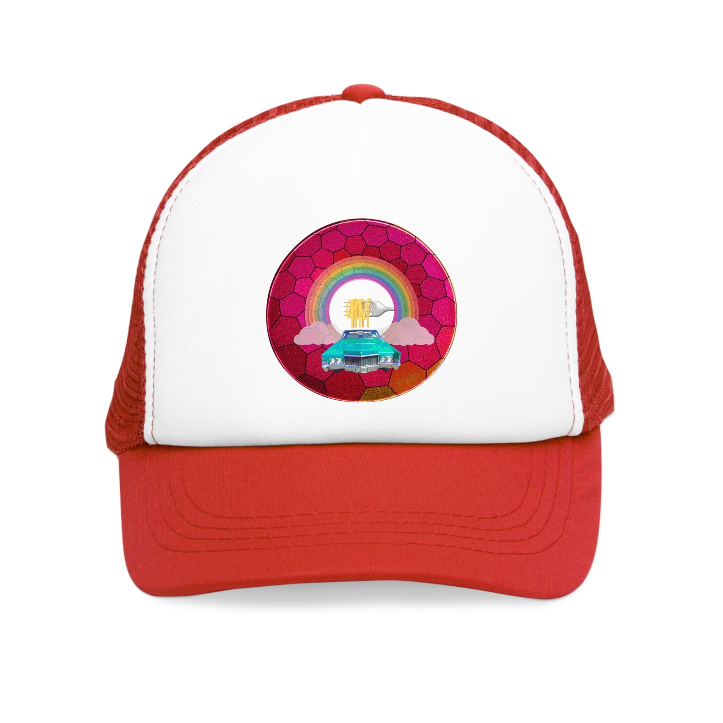 Lumpy Trucker Hat - "The Spaghetti Incident in my Caddy " - variant 2 - magenta hexadonut w/mint green caddy