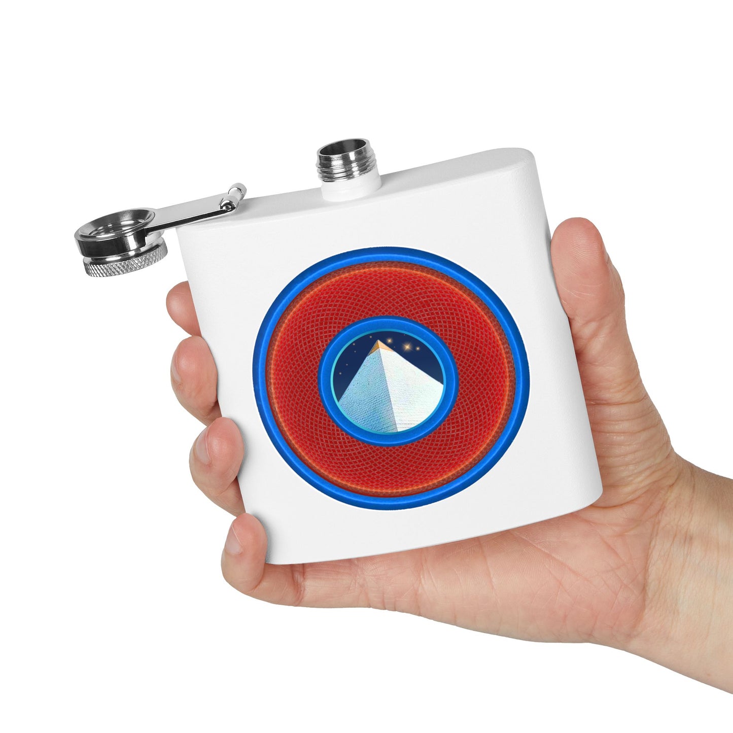 Lump's Donut Flask 6 oz -  "Limestone Flask" - red/light blue rustic donut - [*w/your choice of 6 backgrounds]