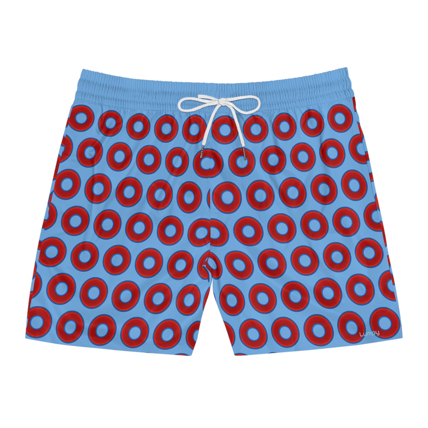 Men's Lumpy Swim Trunks - vivid red donut print w/light blue background