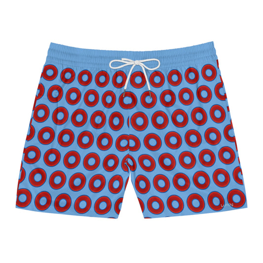 Men's Lumpy Swim Trunks - vivid red donut print w/light blue background