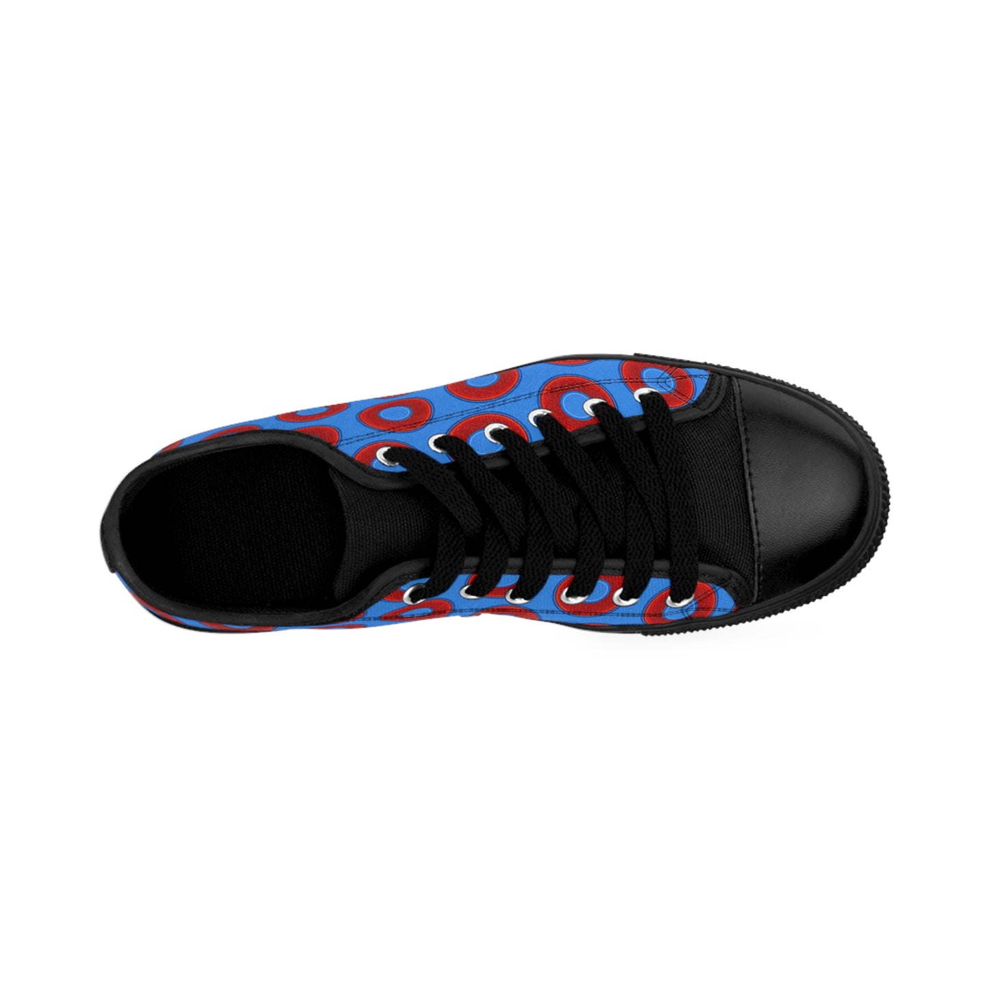 Men's Cushiony Convectors - Low Top - large red vivid donut print w/light royal blue background