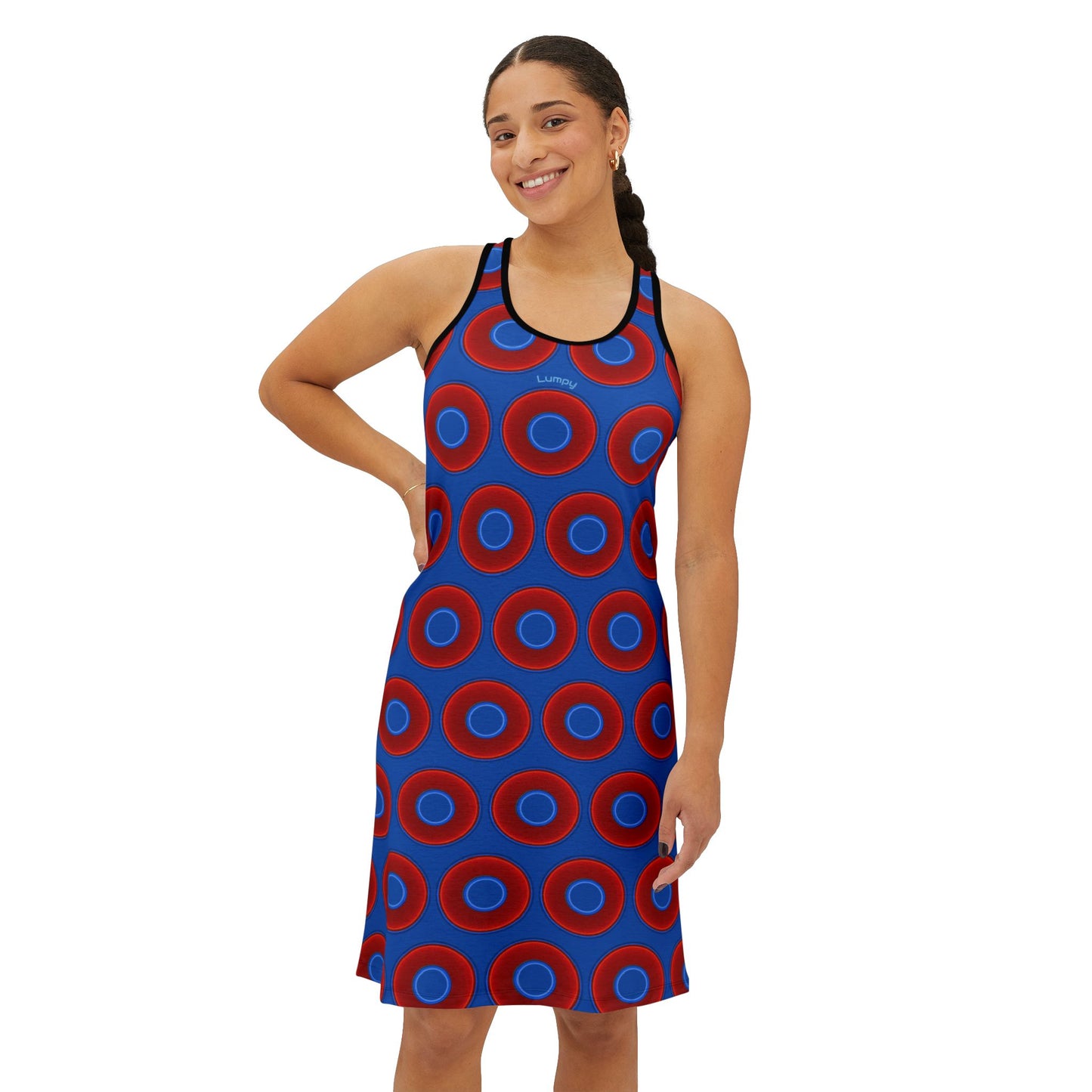 Tela's Lumpy Racerback Donut Dress - red vivid donut print w/darker royal blue background
