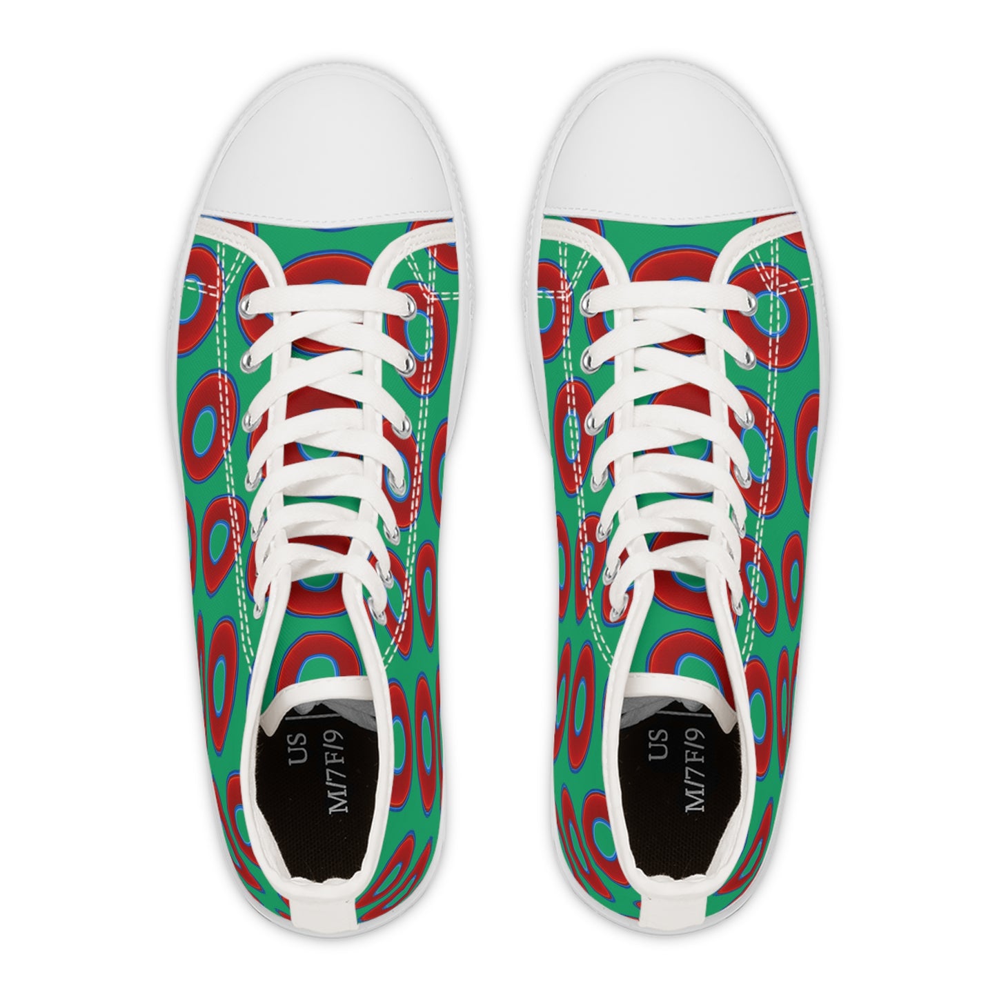 Women's High Top Chuck Taylors - large vivid red donut print w/jade green background