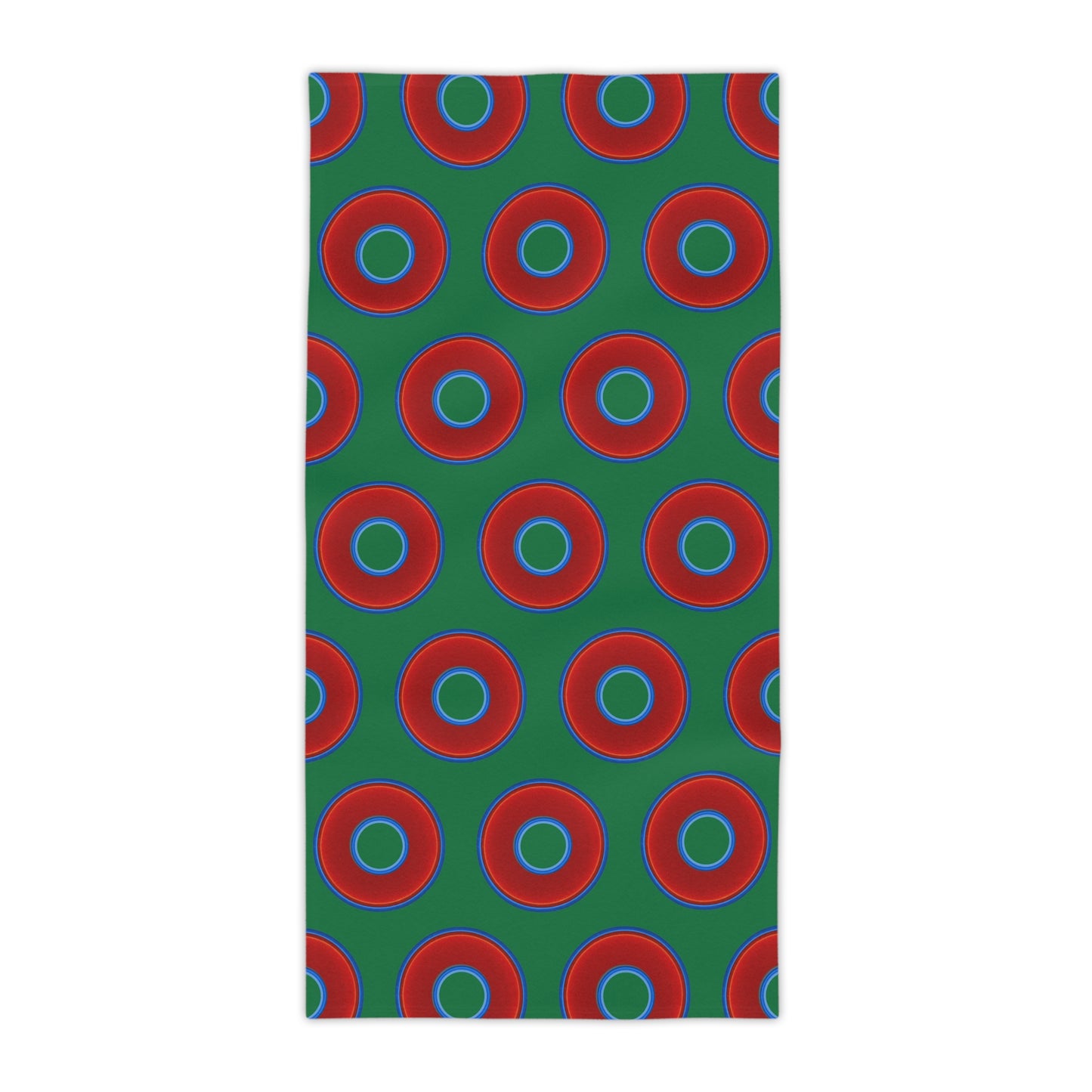 Lumpy Donut Towels - vivid red donuts w/green background