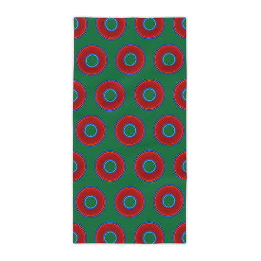 Lumpy Donut Towels - vivid red donuts w/green background