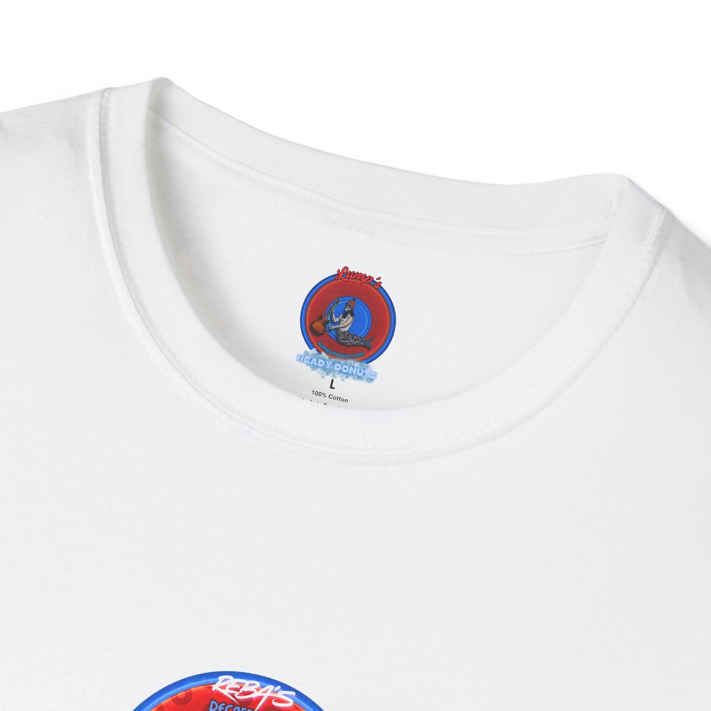 Coffee Traders Tee - Unisex Soft-Style - "Reba's Decaf: Coffee Grounds & Mud " - paradoxical donut - variant 3- front Reba/back logo