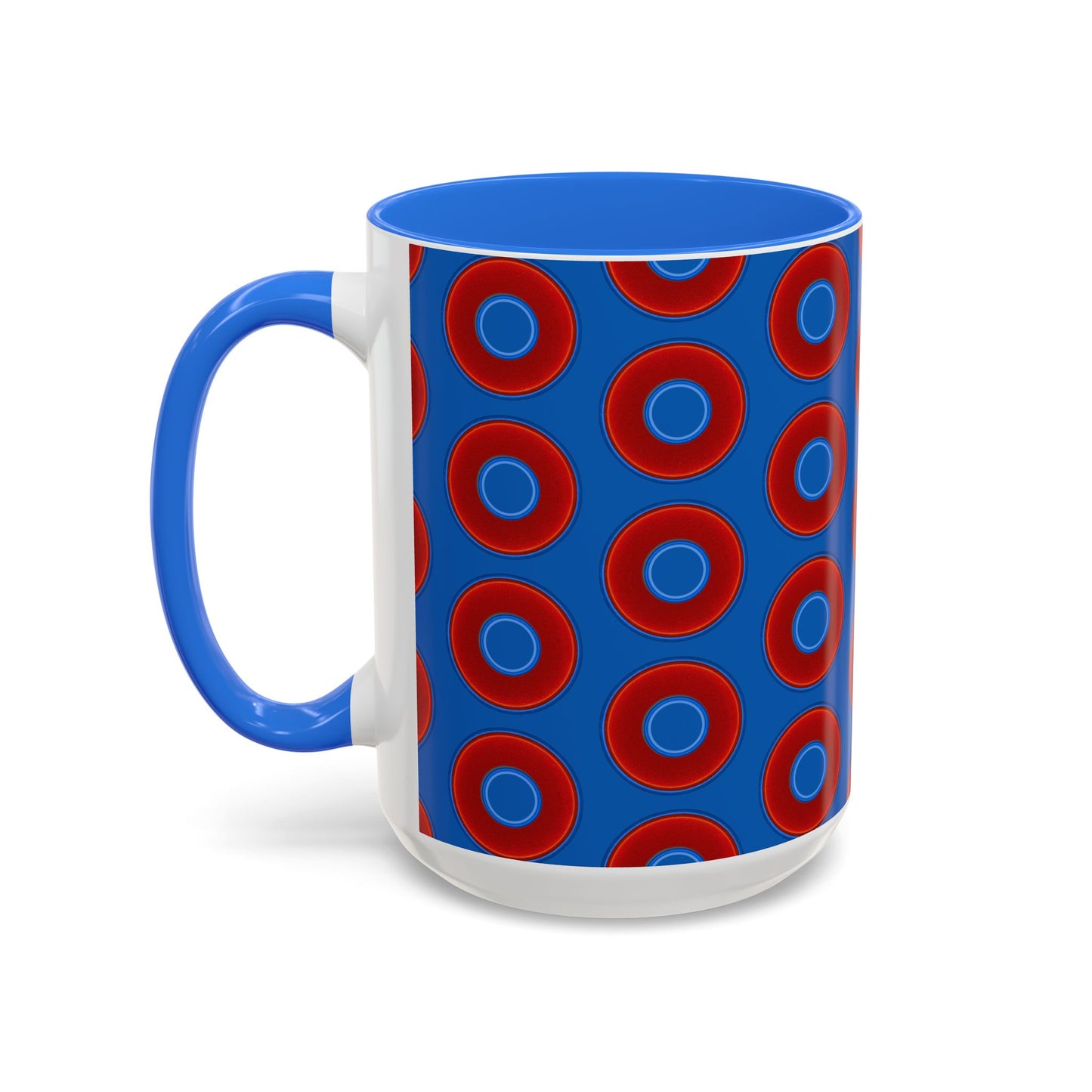 Lump's Grumpy Coffee Mug - vivid red donuts w/dark royal blue background