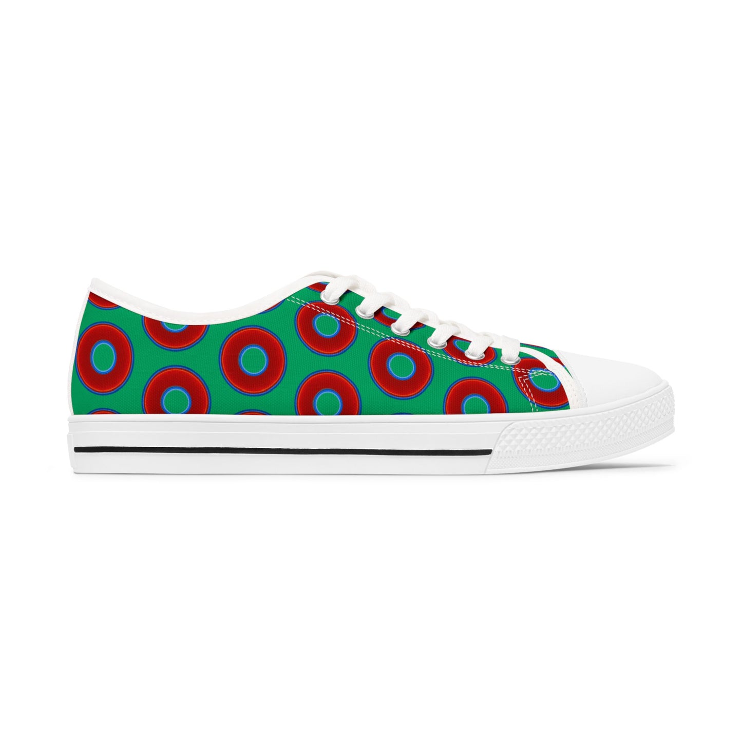 Women's - Low Top Chuck Taylors - large vivid red donut print w/jade green background