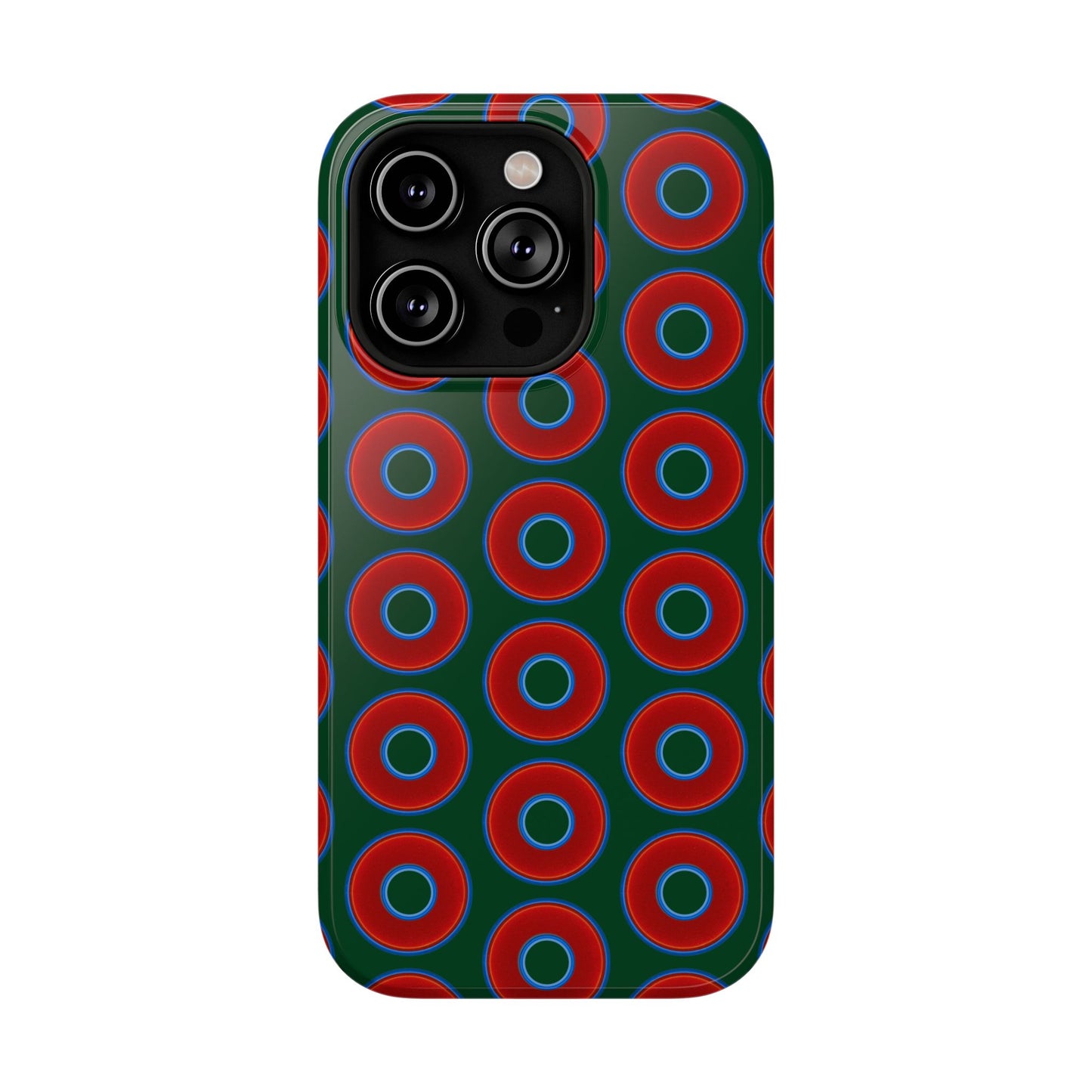 Impact-Resistant Lumpy Donut Case - red vivid donut print w/dark pond green background