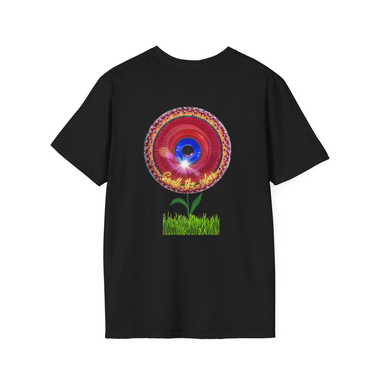 Classic Donut Tee - Unisex Soft-Style - "Smell the Donuts Outside on my Lawn"  " variant 2 - blue donut on red donut/flower