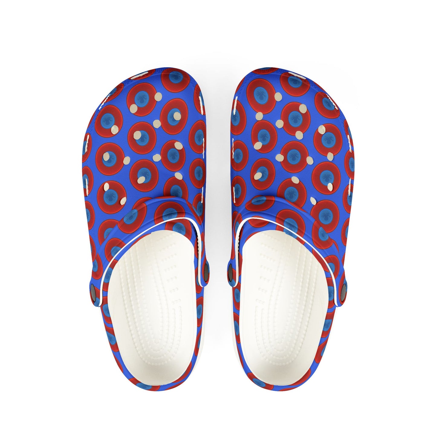 Spatchcocks - donut slip-on shoes - "Roger Moore's Octopussy Donut" - red vivid donuts w/royal blue background [unisex]