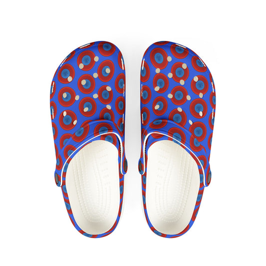 Spatchcocks - donut slip-on shoes - "Roger Moore's Octopussy Donut" - red vivid donuts w/royal blue background [unisex]