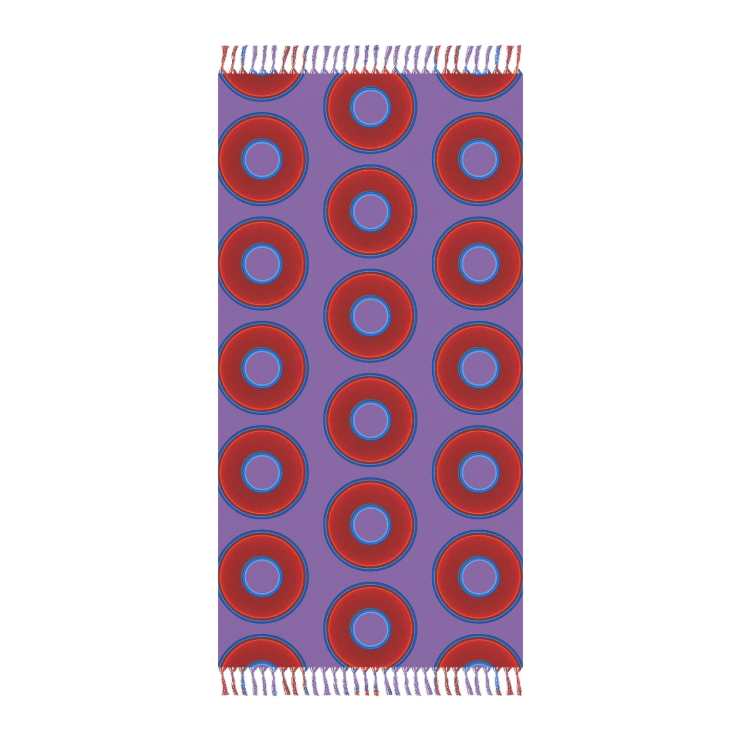 Oversized Lumpy Beach Towel - vivid red donuts w/purple background