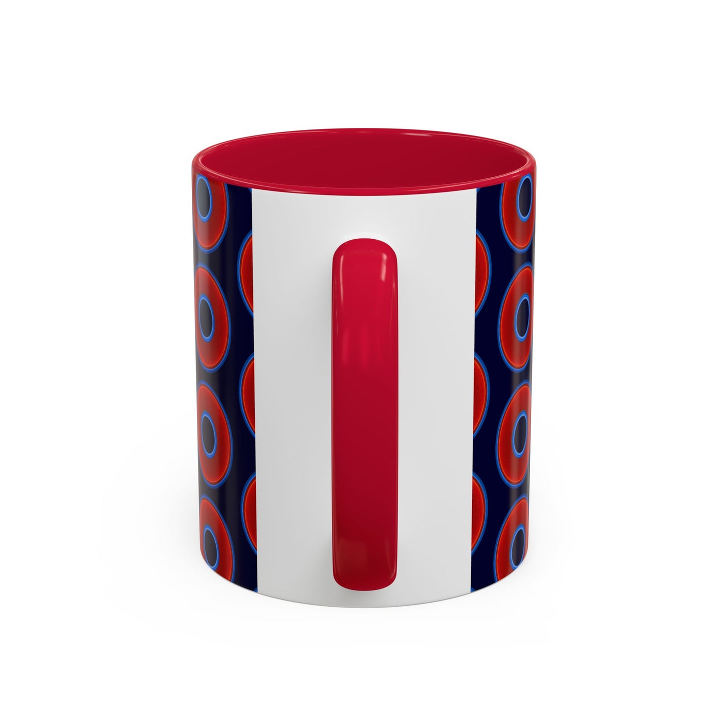 Lump's Grumpy Coffee Mug - vivid red donuts w/midnight blue background