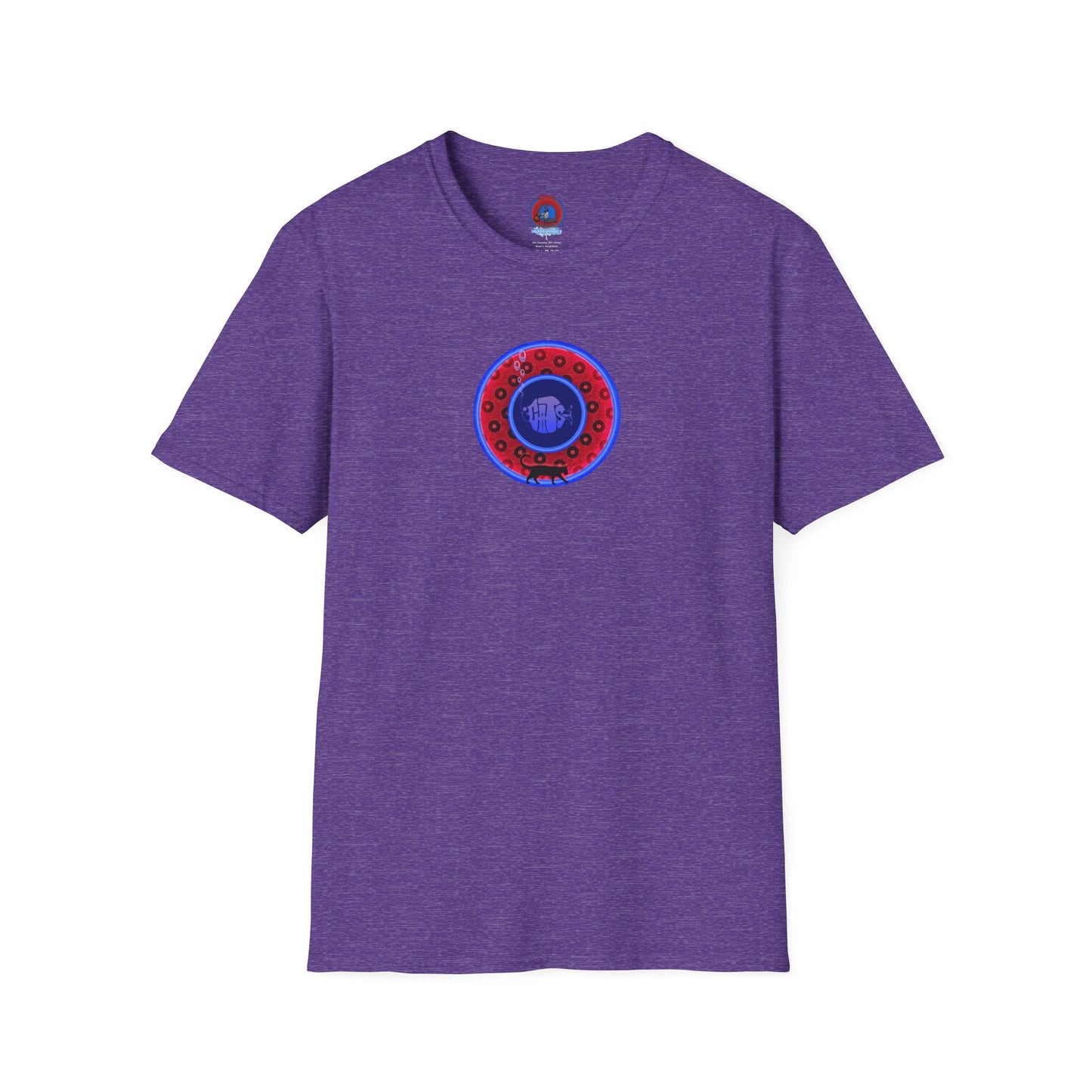 Classic Donut Tee - Unisex Soft-Style - "The Cat's Meow Donut' - red/blue paradox widemouthed donut