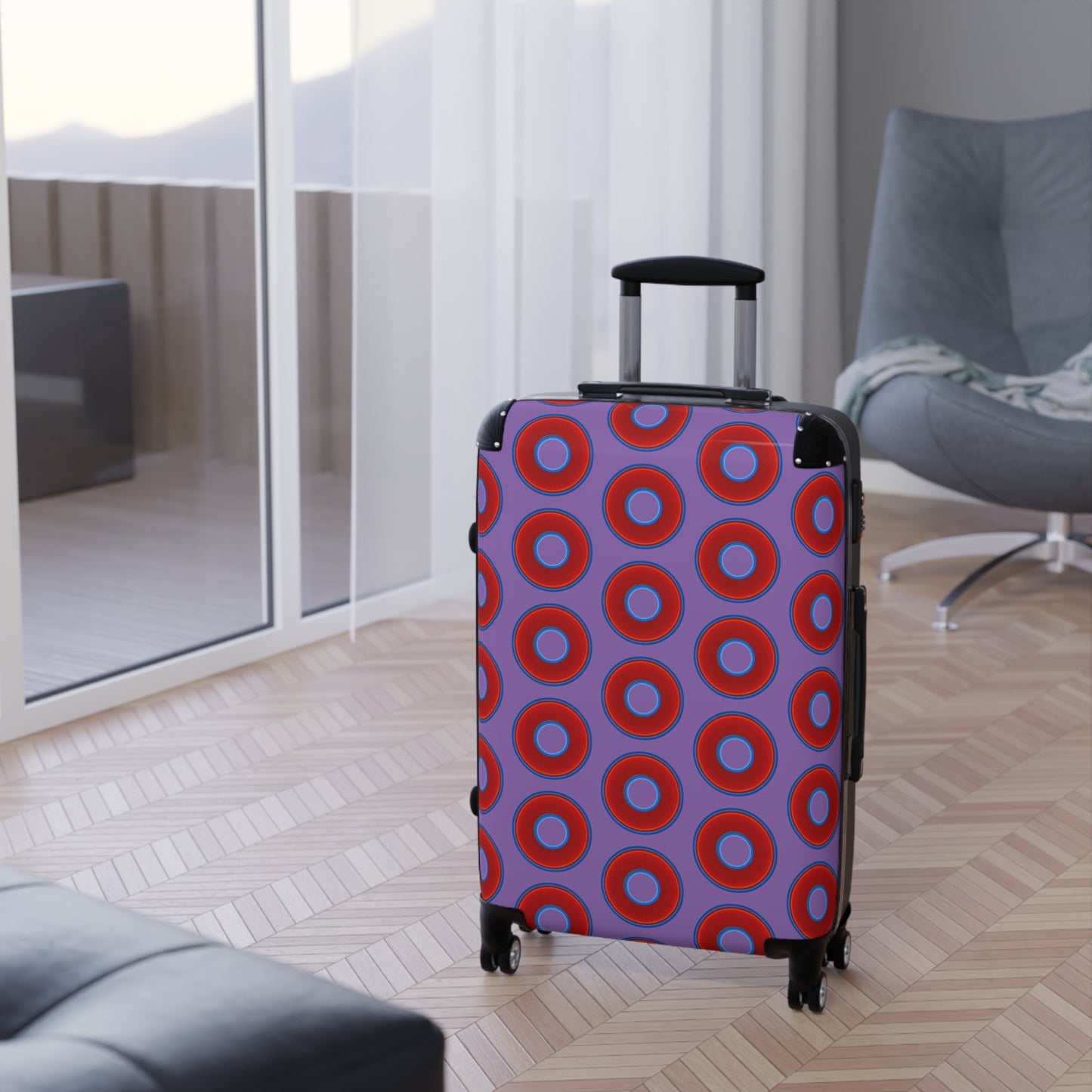 The Very Lumpy Donut Suitcase series - your choice of S, M or L - vivid red donut print w/light purple background
