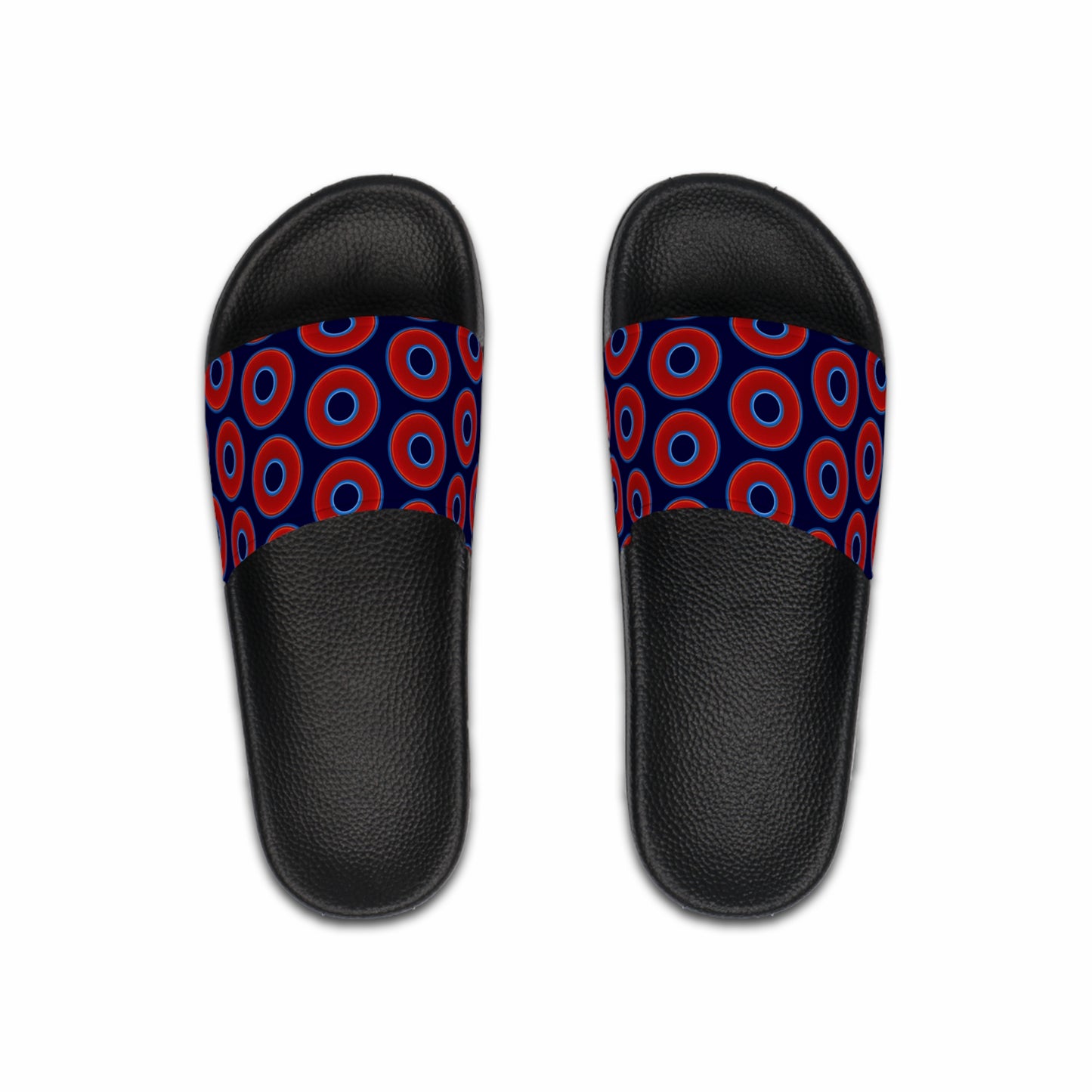 Men's Lumpy Sandals - slip-ons - red vivid donuts w/midnight blue background
