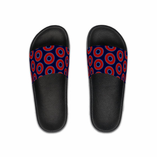 Men's Lumpy Sandals - slip-ons - red vivid donuts w/midnight blue background