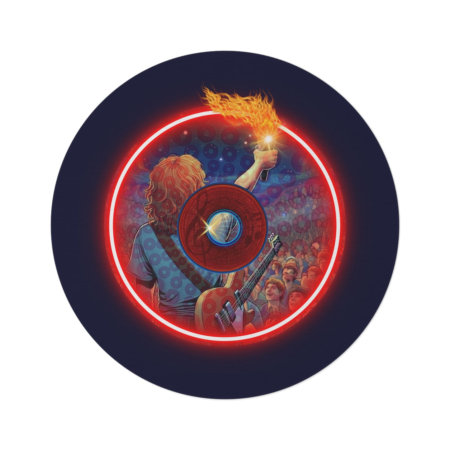 Round Room - 5 ft x 5 ft Lumpy Donut Rug - "Torchbearer's Donut Rug" - vivid red flaming donut w/dark navy background