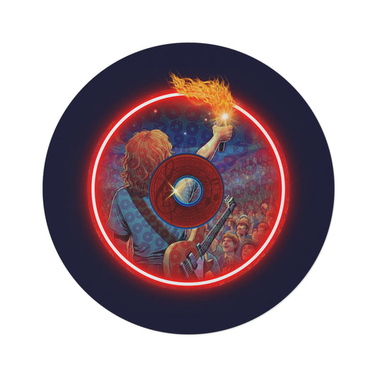 Round Room - 5 ft x 5 ft Lumpy Donut Rug - "Torchbearer's Donut Rug" - vivid red flaming donut w/dark navy background