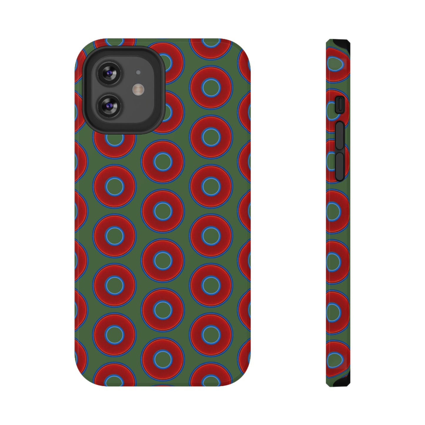 Impact-Resistant Lumpy Donut Case - red vivid donut print w/dark green background