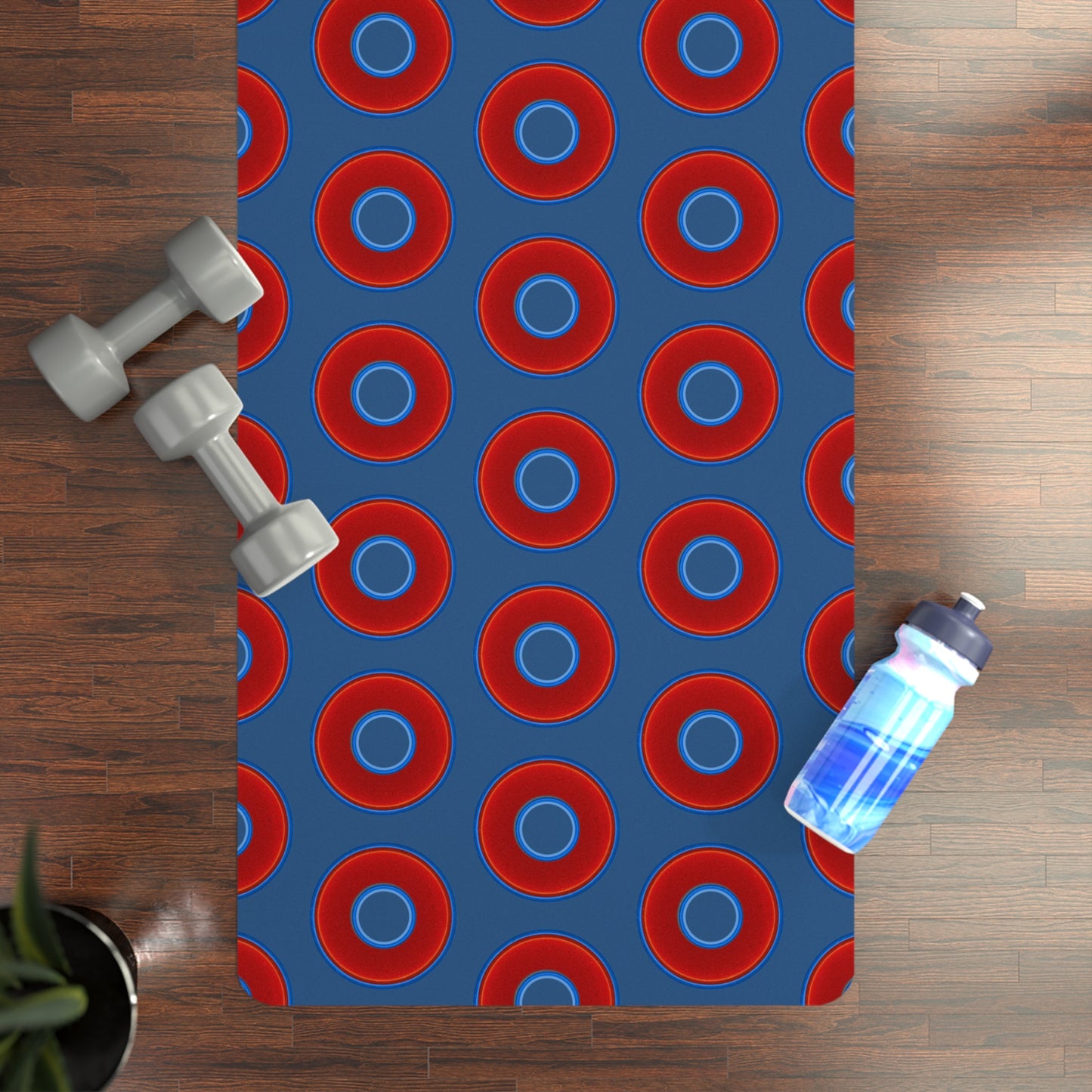 Lumpy Donut Yoga Mat :) - 24″ x 70" - vivid red donut print w/light navy blue background