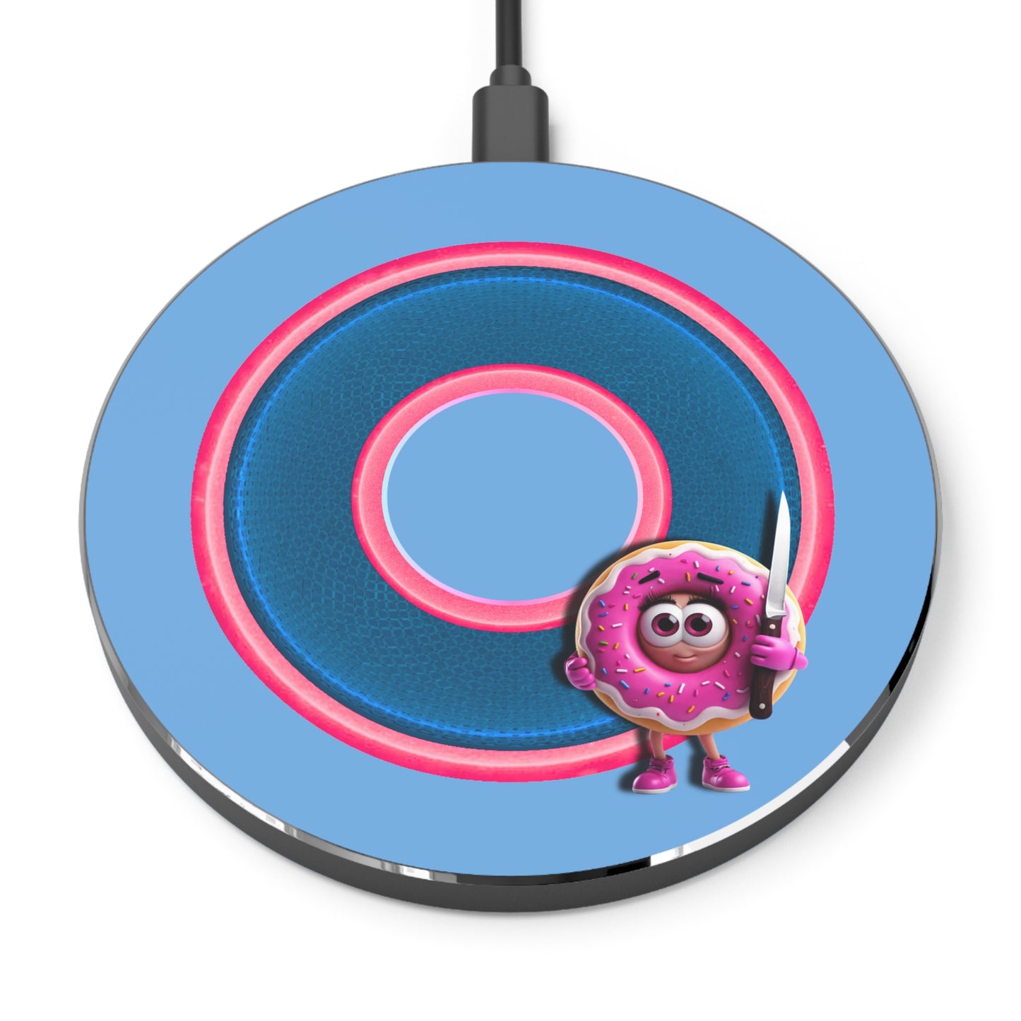 The Flow - Wireless Lumpy Donut Chargers - "My Phreind the Wireless Donut Charger" - rustic blue/pink donut w/light blue background - variant 3