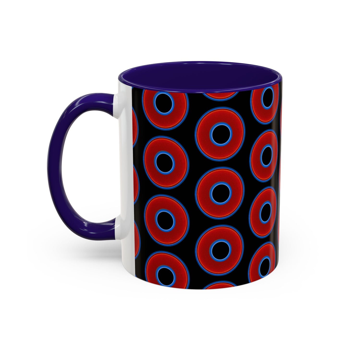 Lump's Grumpy Coffee Mug - vivid red donuts w/black background