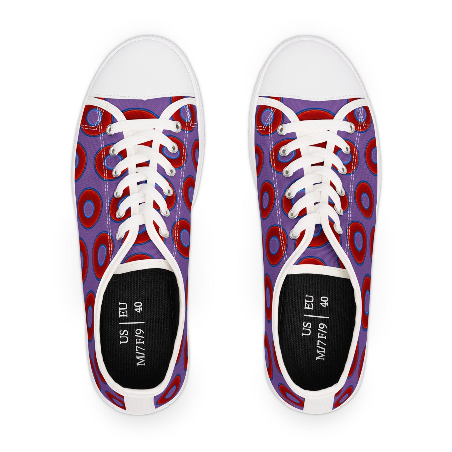 Women's - Low Top Chuck Taylors - large vivid red donut print w/light purple background