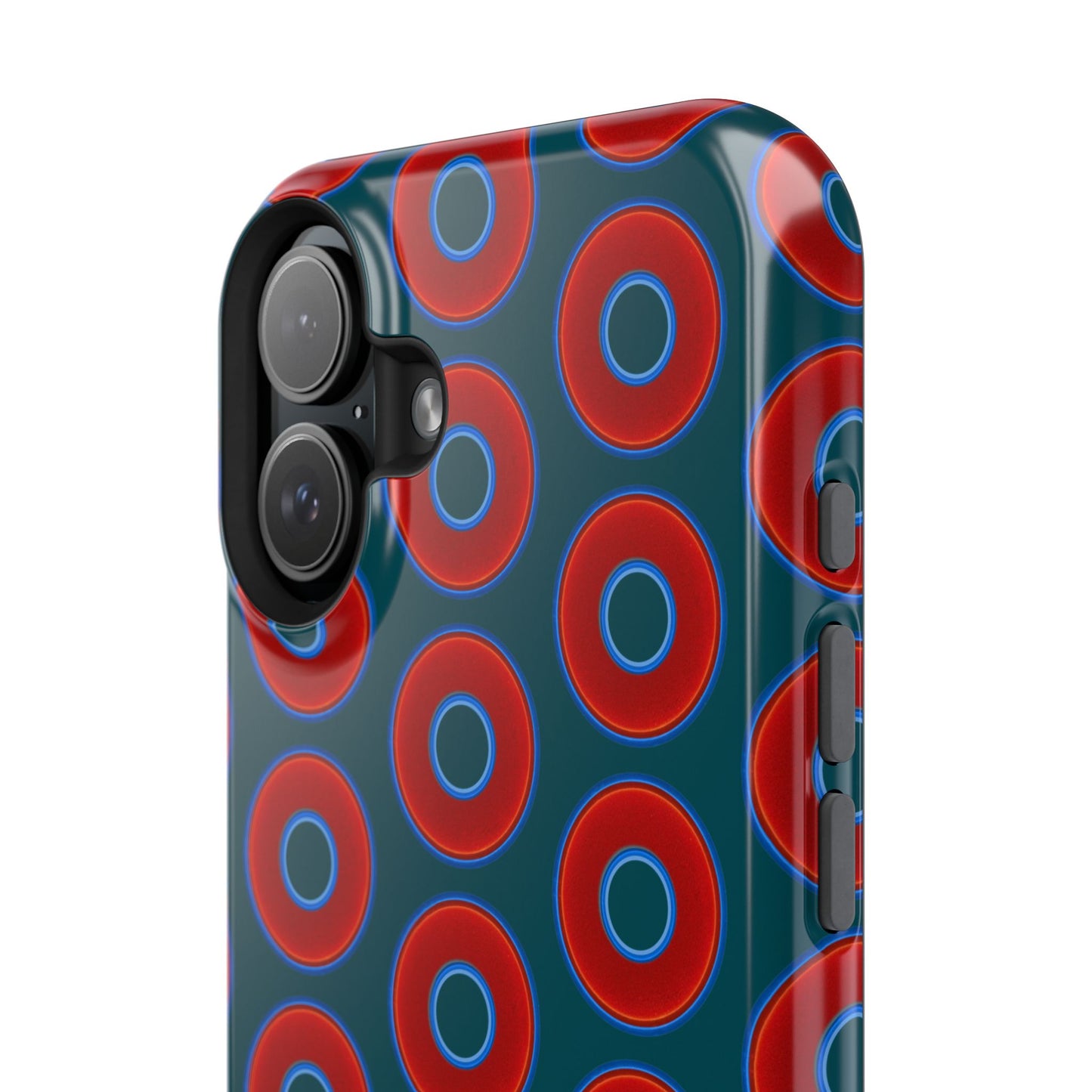 Impact-Resistant Lumpy Donut Case - red vivid donut print w/midnight green background