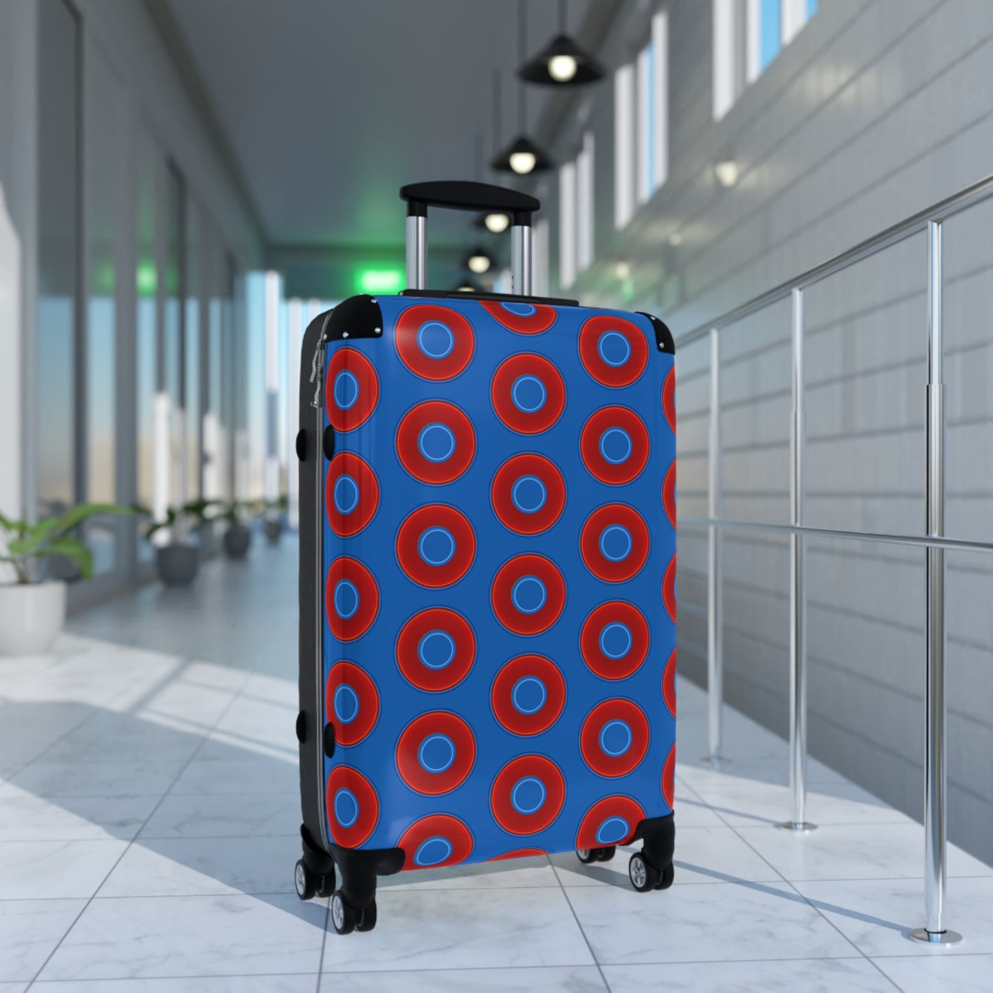 The Very Lumpy Donut Suitcase series - your choice of S, M or L - vivid red donut print w/dark royal blue background