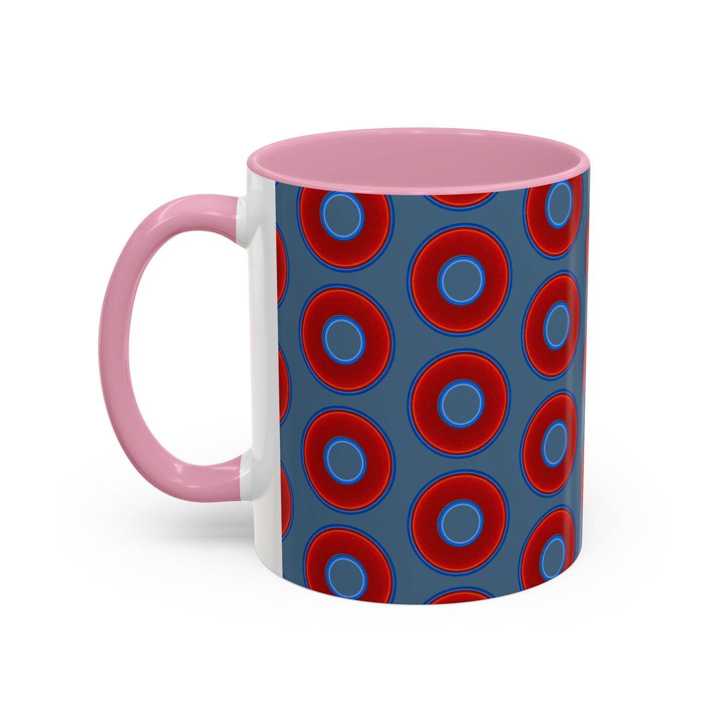 Lump's Grumpy Coffee Mug - vivid red donuts w/steel blue background