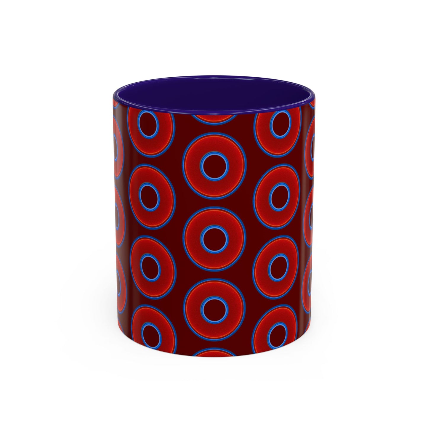 Lump's Grumpy Coffee Mug - vivid red donuts w/dark red background