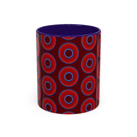 Lump's Grumpy Coffee Mug - vivid red donuts w/dark red background