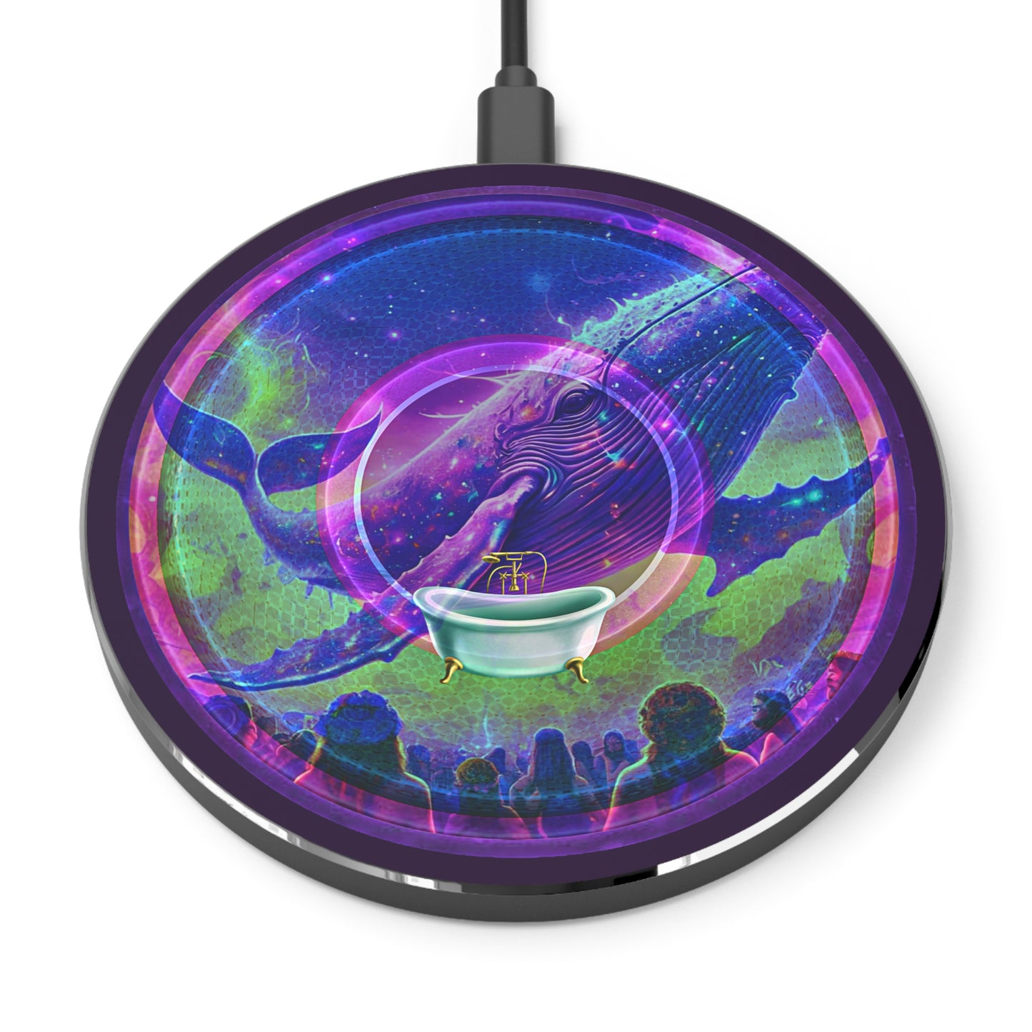 The Flow - Wireless Lumpy Donut Chargers - "Whale of a Good Wireless Charger" - vivid purple/green pic donut w/midnight purple background - variant 2