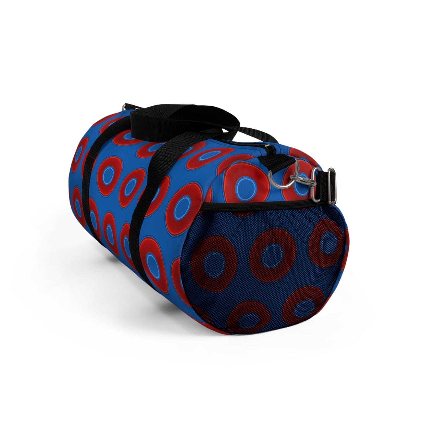 Lumpy Duffel - vivid red donuts w/dark royal blue background