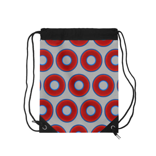 Lumpy Donut Drawstring Bag - red vivid donuts print w/light gray background