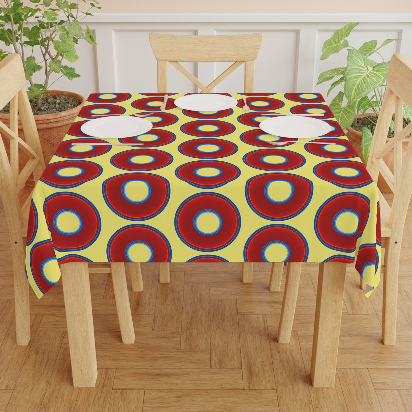 Lumpy Tablecloth - 55.1" x 55.1" - vivid red donuts w/yellow background
