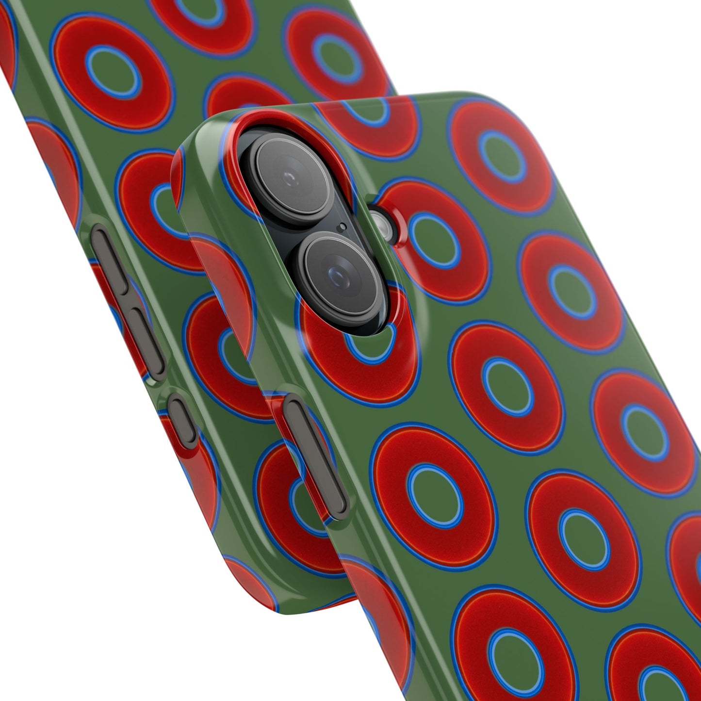 Lumpy Donut Snap Case - red vivid donut print w/dark green background