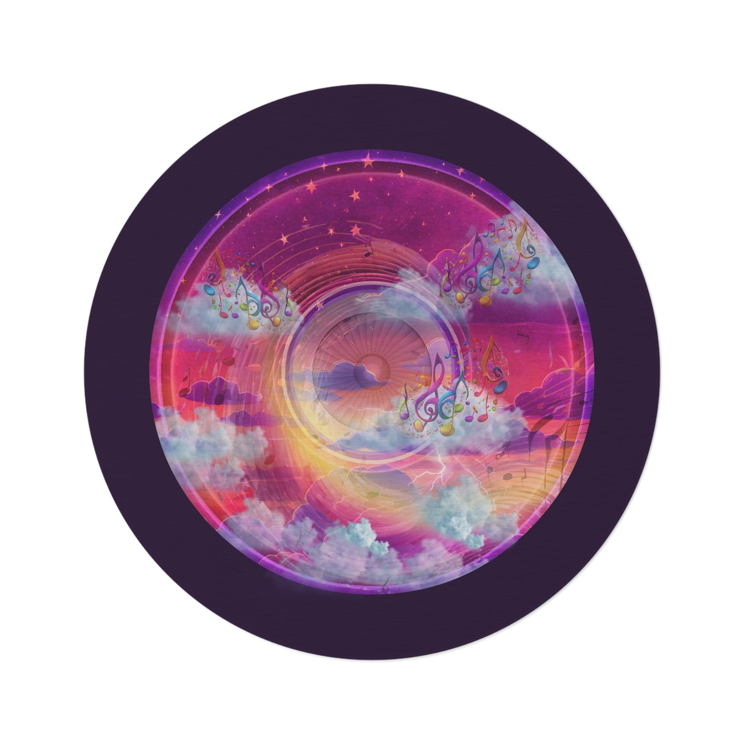 Round Room - 5 ft x 5 ft Lumpy Donut Rug - "Pillow Donuts of the Floor (Rug)" - vivid purple/magenta donut w/midnight purple background