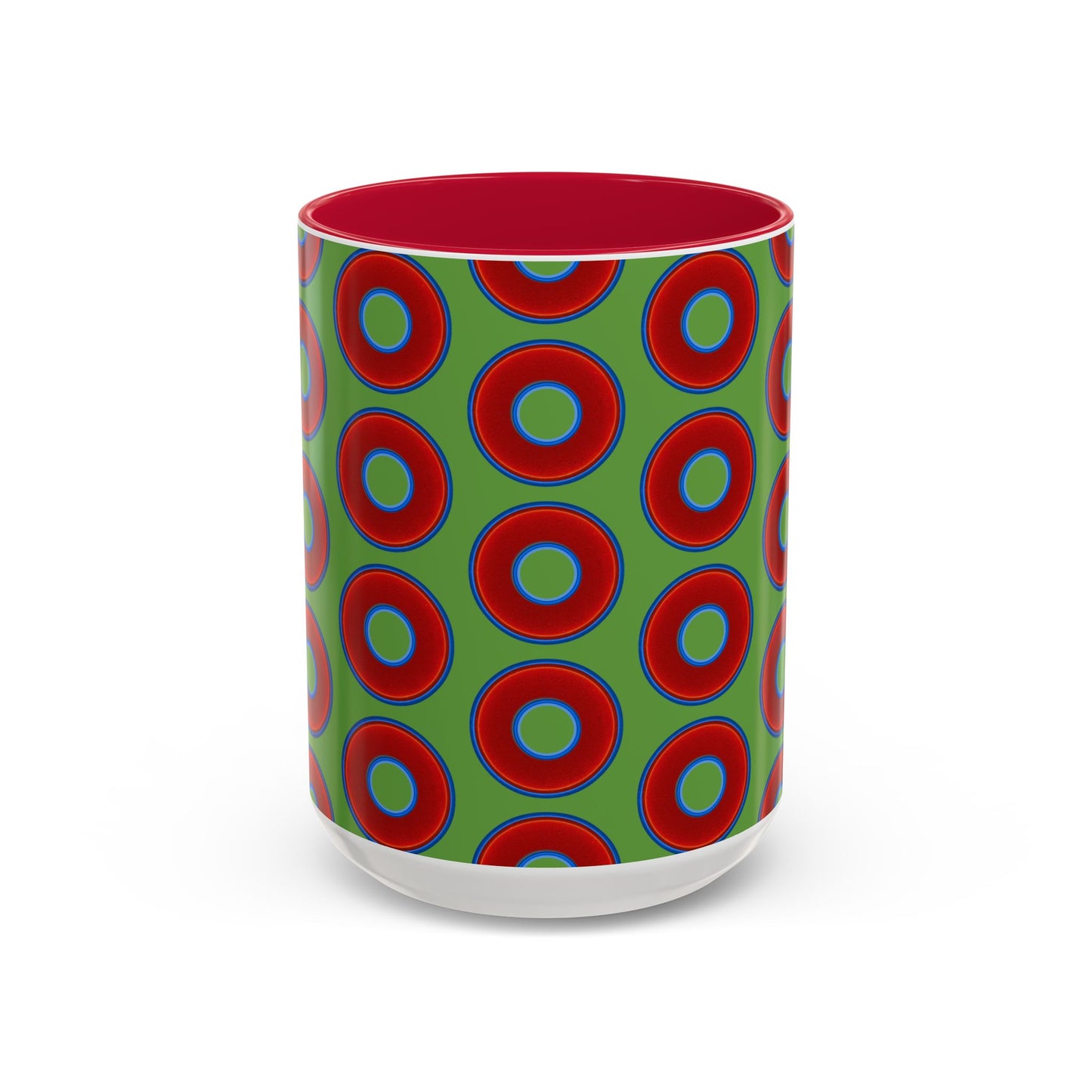 Lump's Grumpy Coffee Mug - vivid red donuts w/light green background