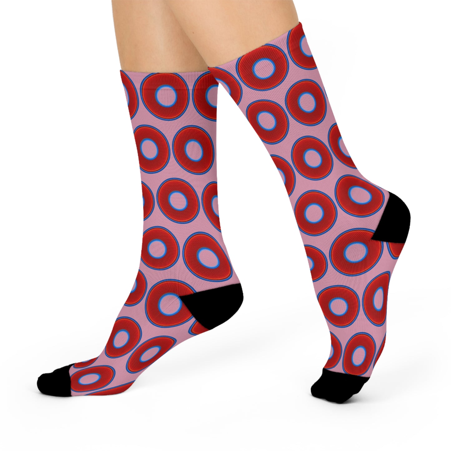 Lumpy Sox - cushioned crew - vivid red donut print w/pale magenta background